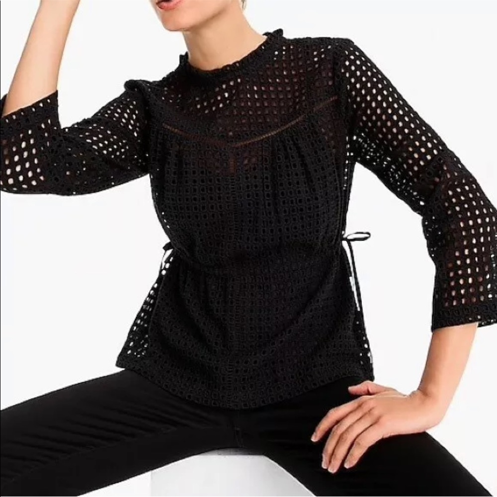 J. Crew Point Sur Black Eyelet Cotton 3/4 Sleeve Blouse Size 10 Tall
